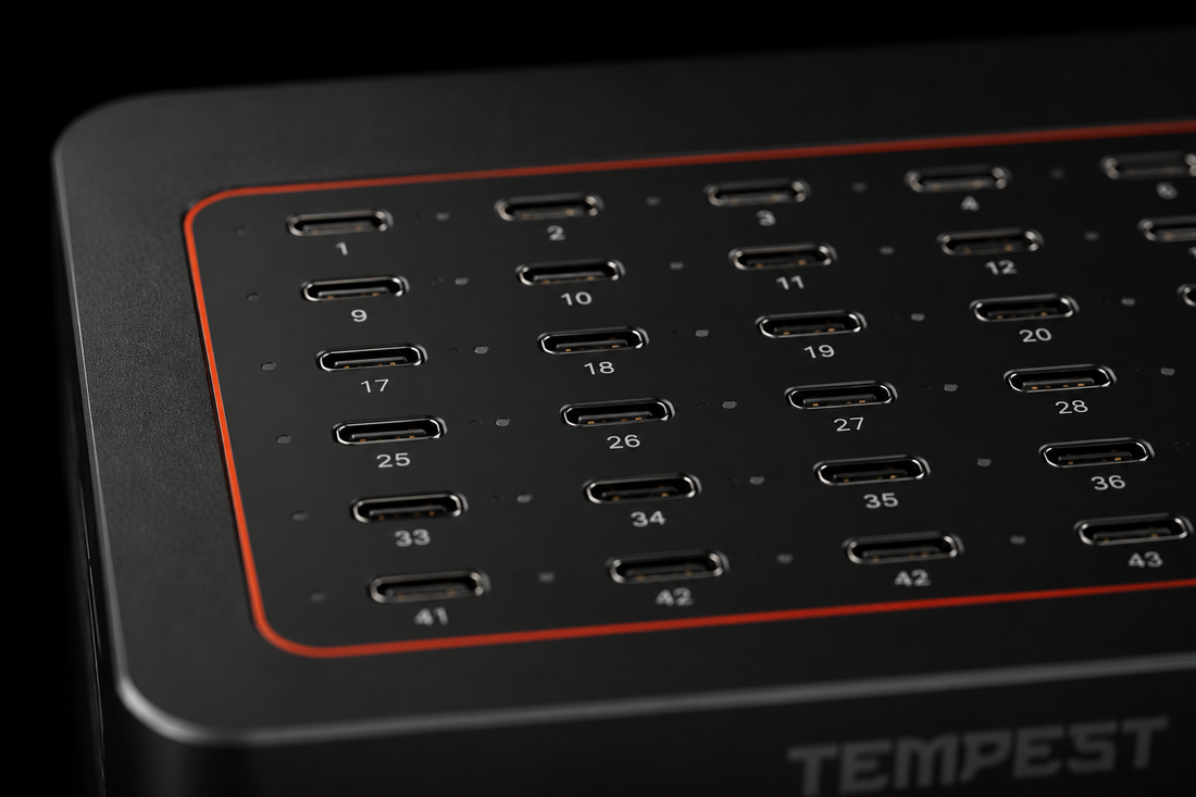Close-up of the Tempest 48-port array with orange accent line