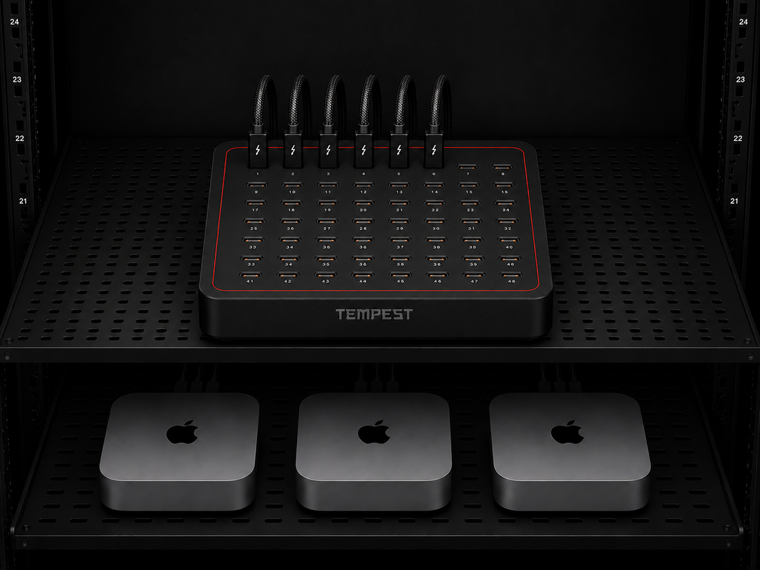 Tempest switch in a rack above Mac minis
